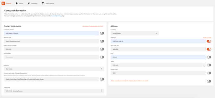 Page view of general company information form on the OneTapConnect platform.