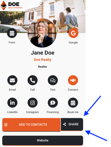 A screenshot of a OneTapConnect digital card with arrows pointing to the "Share" button.