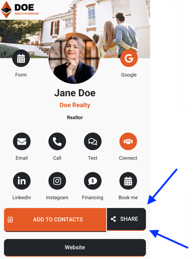 OneTapConnect microsite demo highlighting the Share button for referrals.
