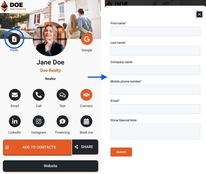 OneTapConnect call-to-action button pulling up an embedded CRM contact form.