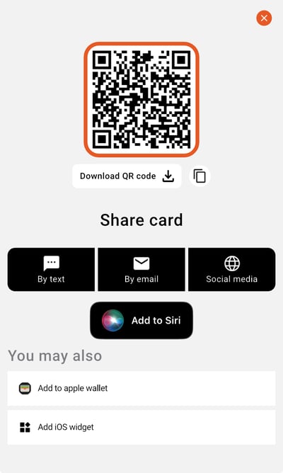 OneTapConnect mobile app view of the Share button menu.