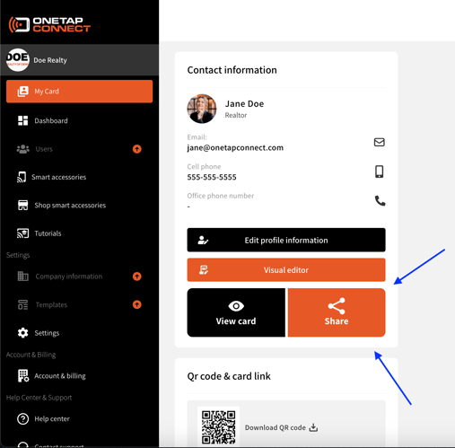 Screenshot of My Card page with arrows pointing to the "Share" button on the OneTapConnect account dashboard.