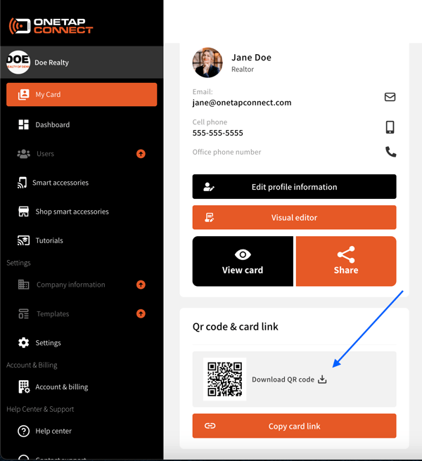 Dashboard view of a OneTapConnect microsite profile with an arrow indicating where to click to download a QR code linked to that microsite.