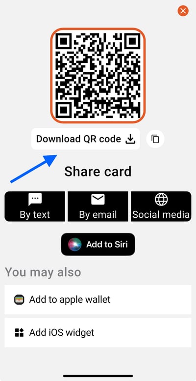 Mobile app view of a OneTapConnect "Share" button pop-up with an arrow indicating where to click to download a QR code.