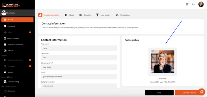 OneTapConnect dashboard view of the microsite contact information management menu with a blue arrow pointed at the profile picture uploader.