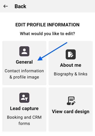 OneTapConnect mobile application view of "edit profile information" menu. with a blue arrow pointed at the "General" microsite contact information menu option.