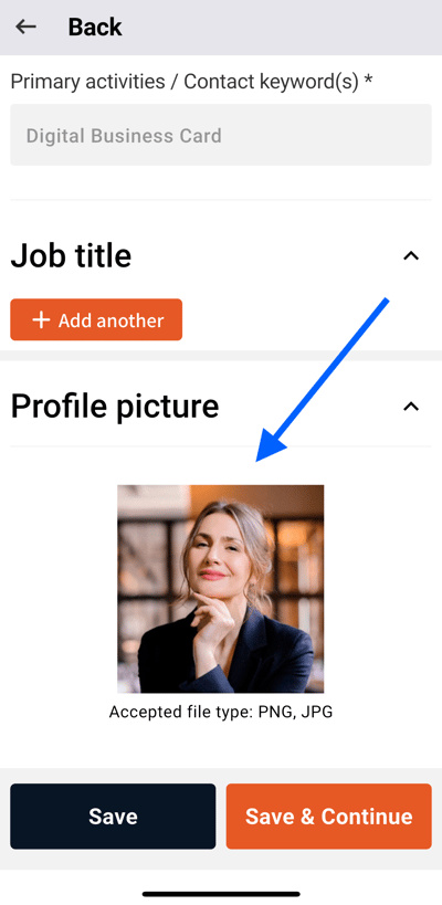 OneTapConnect mobile application view of the microsite contact information management menu with a blue arrow pointed at the profile picture uploader.