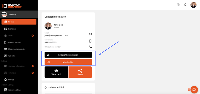OneTapConnect dashboard view of My Card page with a blue box highlighting the "Edit profile information" and "Visual Editor" buttons.