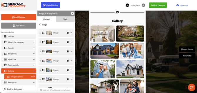 OneTapConnect Visual Editor view of an image gallery update in progress.