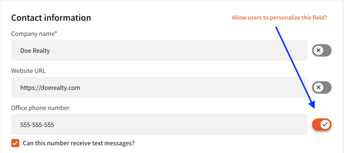 OneTapConnect dashboard view of the Company Information page with an arrow pointing to a switch that unlocks the office phone number field for personalizations.
