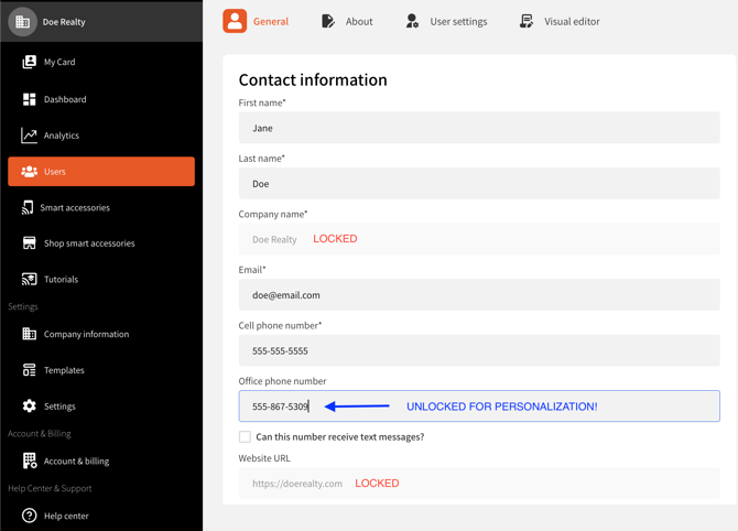 OneTapConnect dashboard view of a microsite profile with locked and unlocked company information fields.