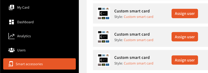 OneTapConnect dashboard view of Smart Accessories page with custom smart card items listed..