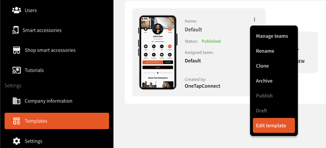 OneTapConnect dashboard view of Templates page with "edit template" selected for the Default template design.