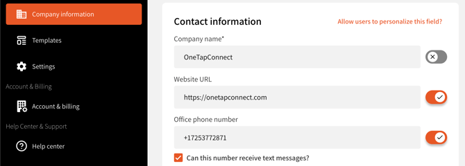 OneTapConnect dashboard view of Company Information page.