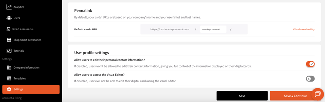 OneTapConnect dashboard view of Settings page.