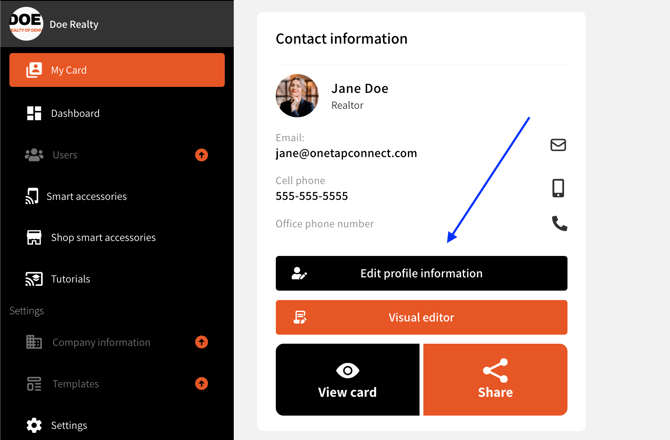 OneTapConnect dashboard view of My Card page with an arrow pointing to the "Edit profile information" button.