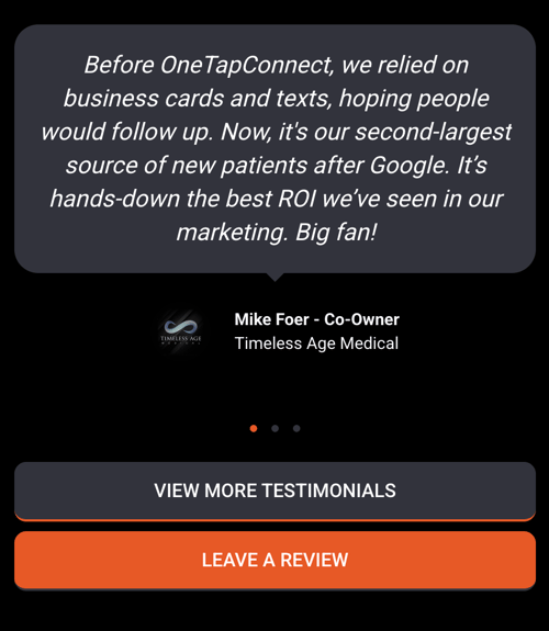 OneTapConnect microsite testimonials section.
