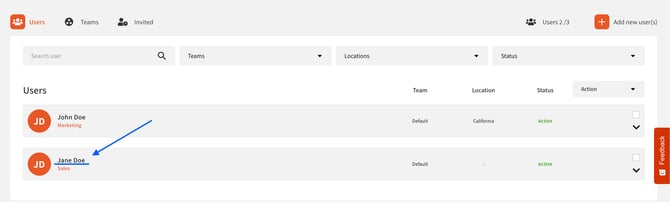 OneTapConnect dashboard view of Users page with a blue arrow highlighting Jane Doe's name.